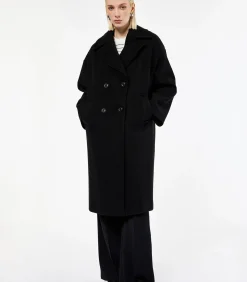 Sale Lange Zwarte Mantel Met Knoopsluiting en Zakdetails DAMES Jassen