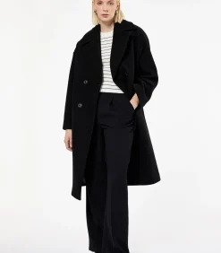 Sale Lange Zwarte Mantel Met Knoopsluiting en Zakdetails DAMES Jassen