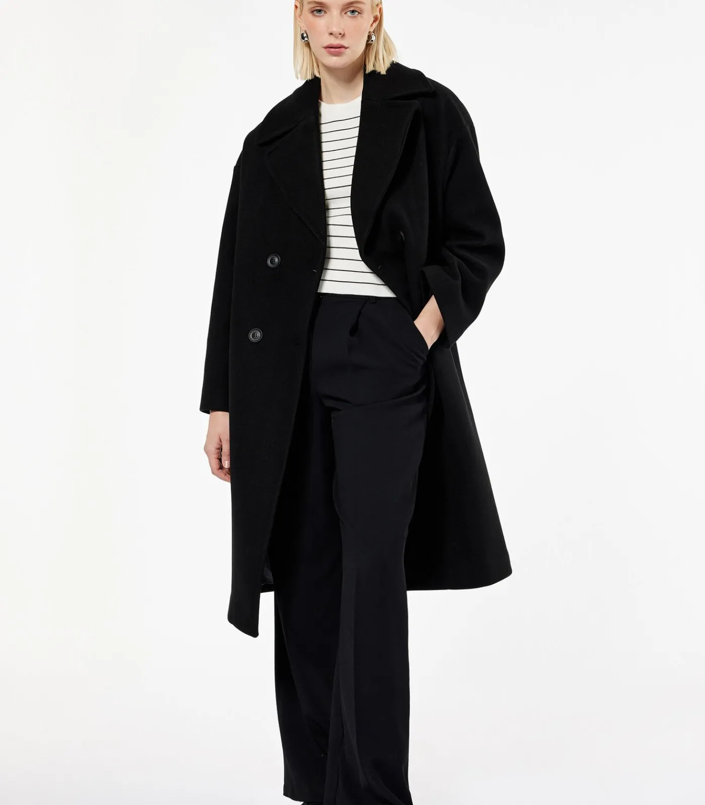 Sale Lange Zwarte Mantel Met Knoopsluiting en Zakdetails DAMES Jassen