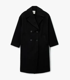 Sale Lange Zwarte Mantel Met Knoopsluiting en Zakdetails DAMES Jassen