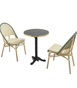 Hot Liggende zwartmarmeren terrastafel van 60 cm en 2 groene stoelen Tuinmeubelen
