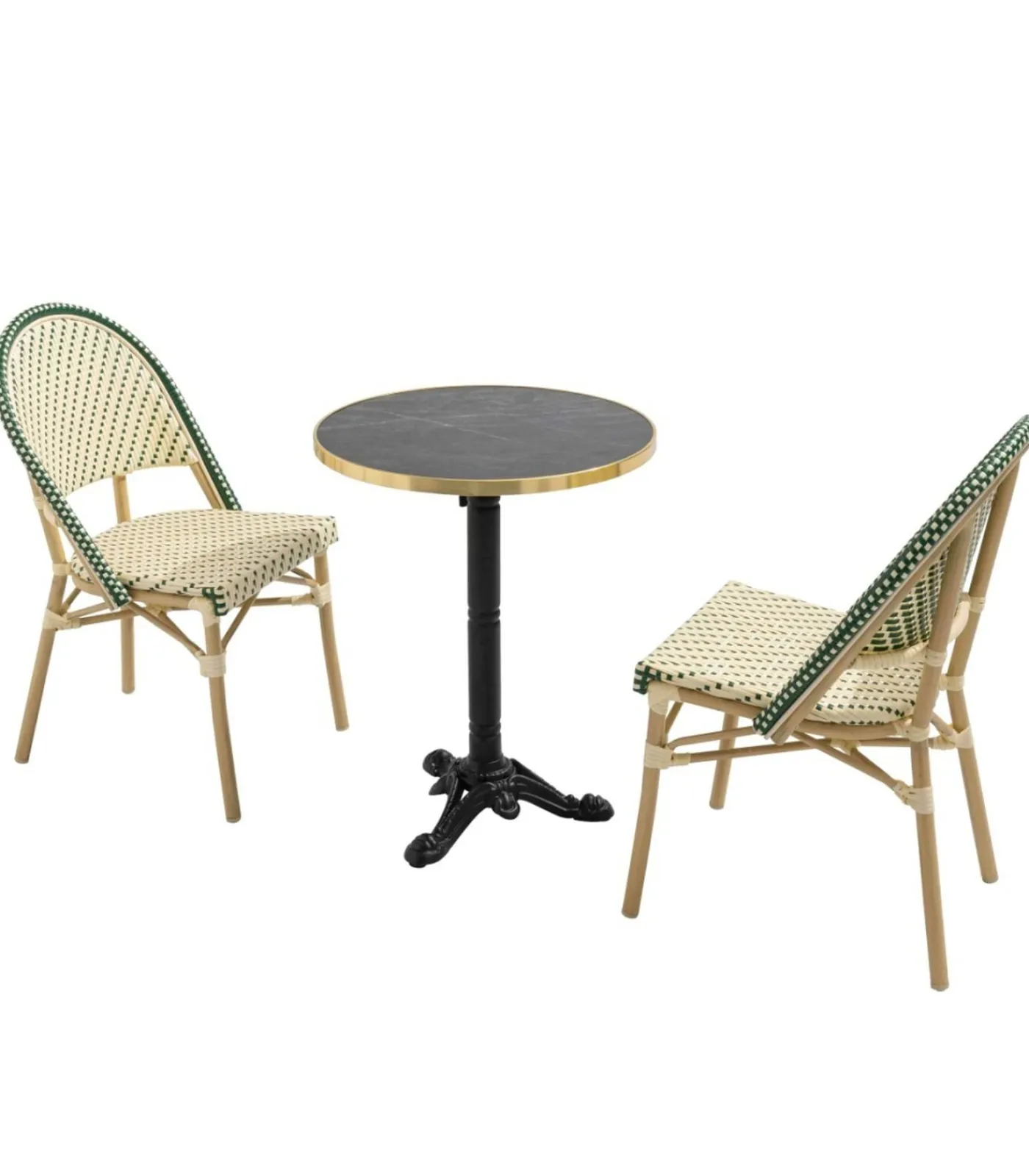 Hot Liggende zwartmarmeren terrastafel van 60 cm en 2 groene stoelen Tuinmeubelen