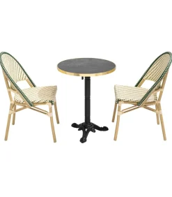 Hot Liggende zwartmarmeren terrastafel van 60 cm en 2 groene stoelen Tuinmeubelen