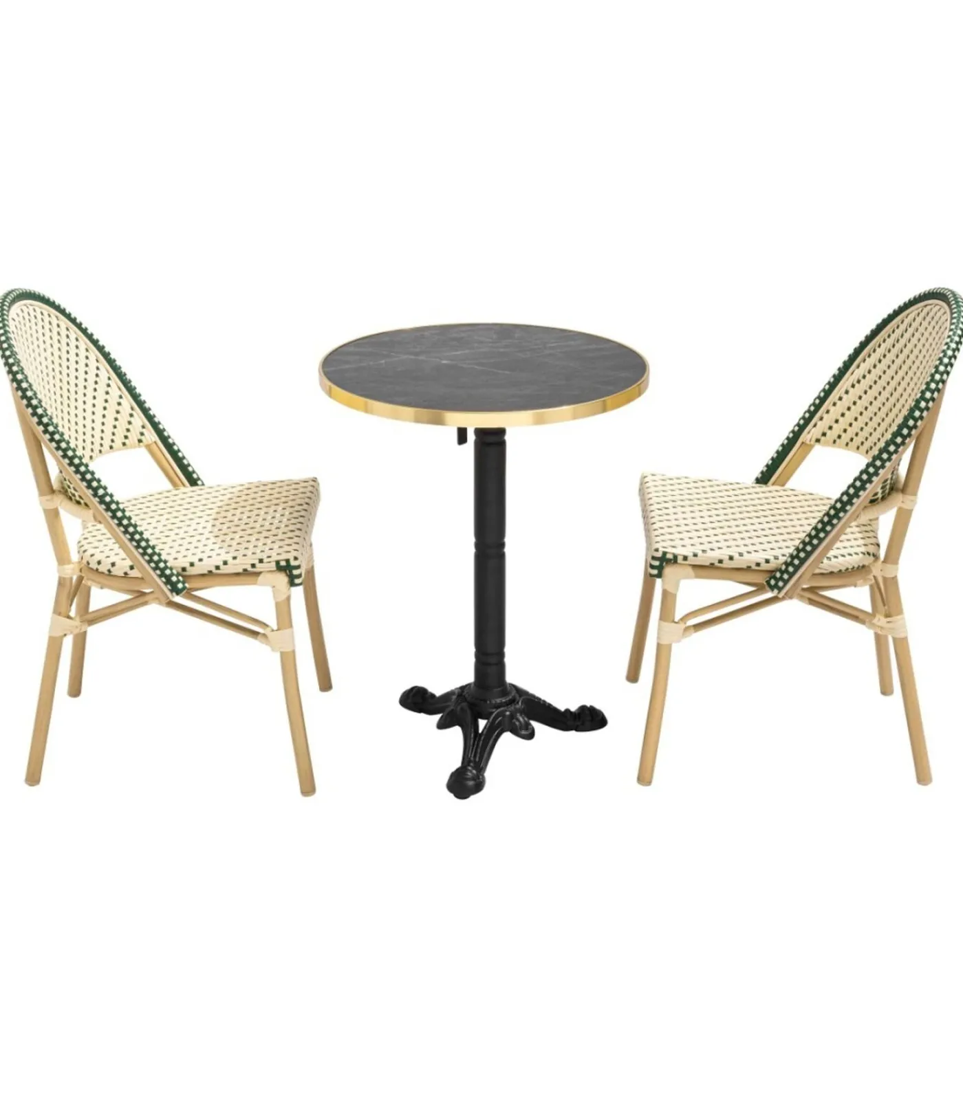 Hot Liggende zwartmarmeren terrastafel van 60 cm en 2 groene stoelen Tuinmeubelen