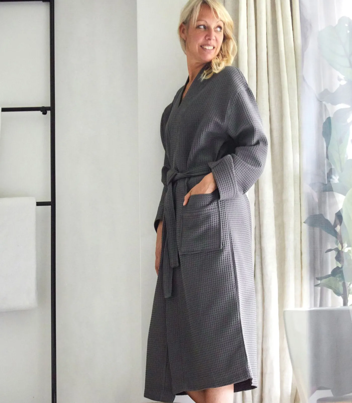 Best MANOIR Anthracite - Badjas unisex katoen DAMES Badjassen