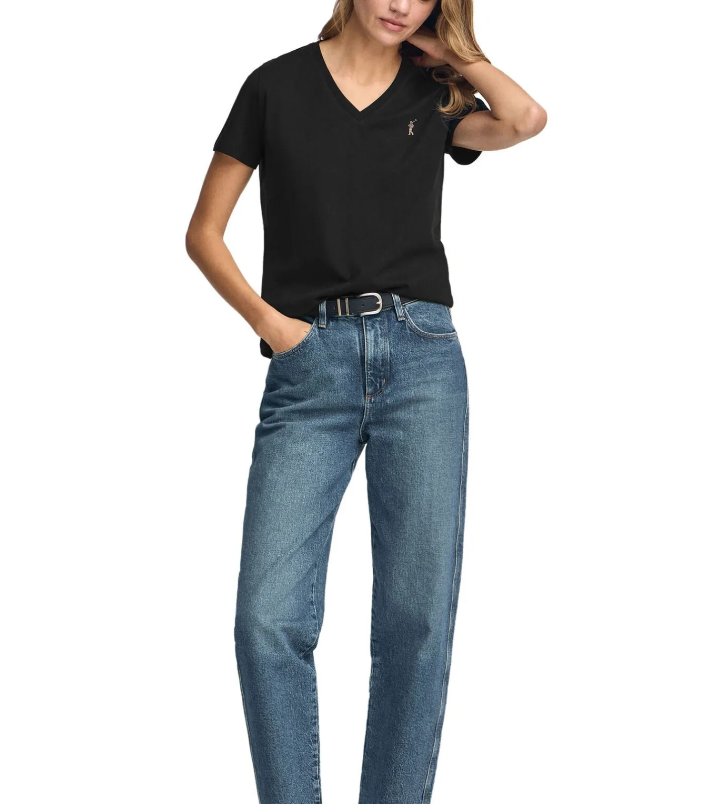 Online Marineblauw T-shirt met V-hals en Rigby Go Gold-logo DAMES T-Shirts & Tops