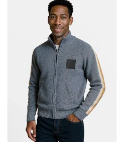 Heren J&JOY Marineblauwe herentrui met gekleurde strepen