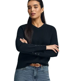 Discount Marineblauwe trui van wolmix met knopen op de mouwboorden en parelmoeren -knoop DAMES Truien & Cardigans