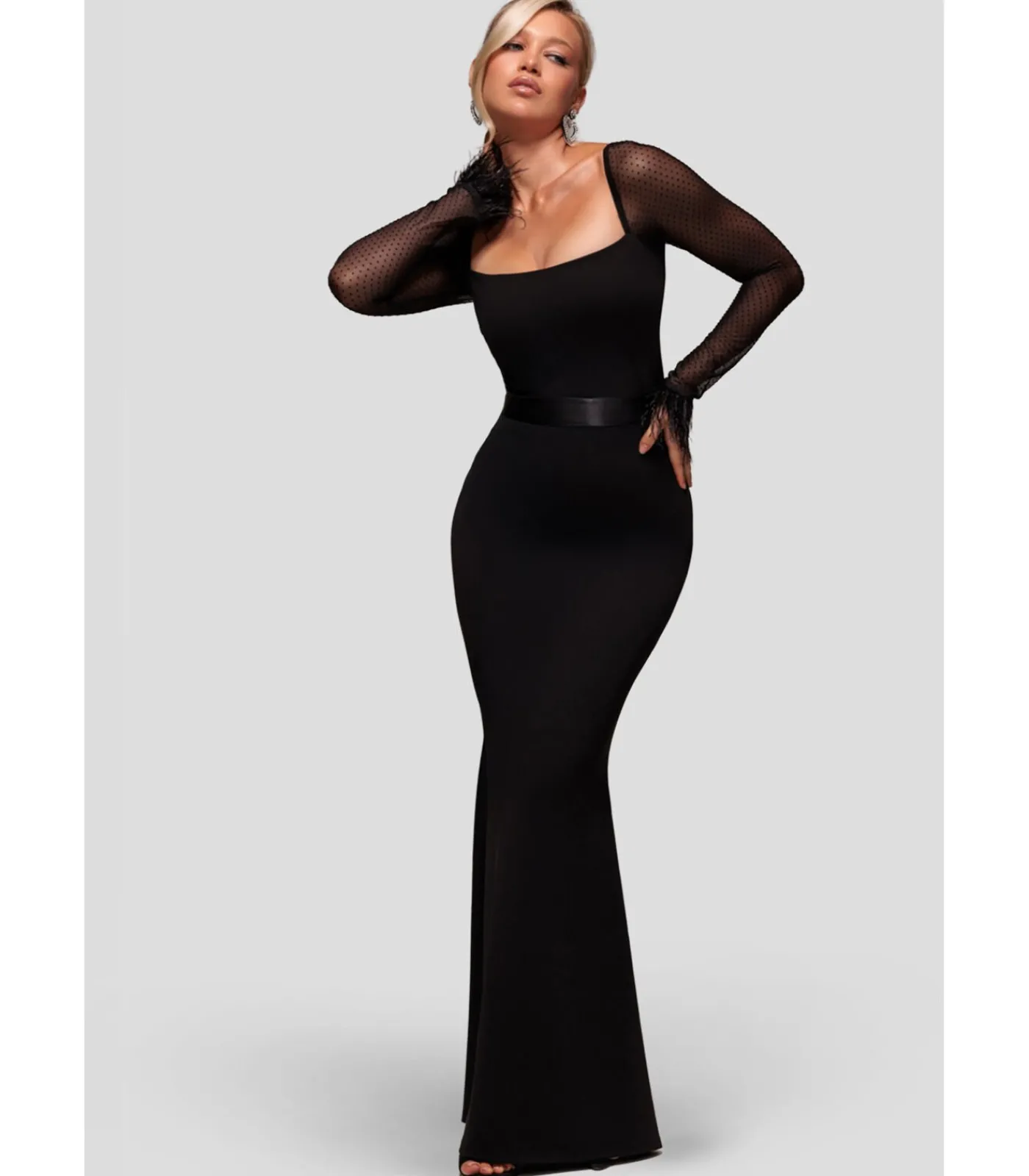 DAMES Goddiva Maxi-jurk “Dobby Mesh Feather Sleeve Evening Maxi Dress”