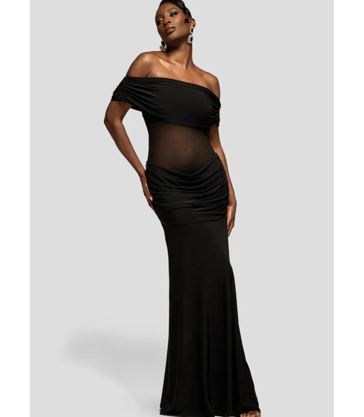 DAMES Goddiva Maxi-jurk “Gathered Off The Shoulder Mesh Waist Panel Maxi Dress”