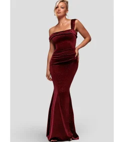 DAMES Goddiva Maxi-jurk “Glitter Polka Dot Velvet One Shoulder Maxi Dress”