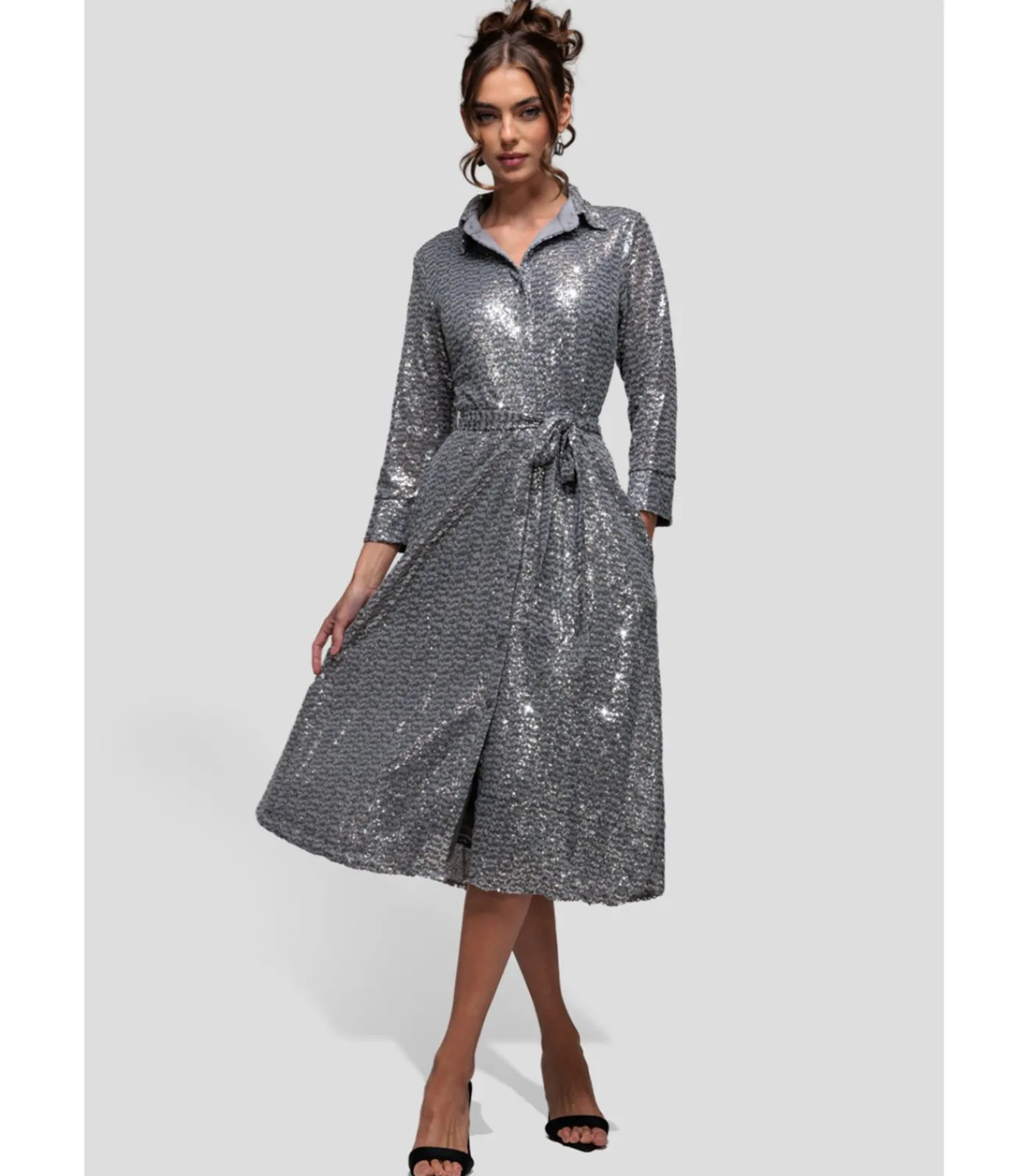 DAMES Goddiva Midi-jurk “Sequin Skater Shirt Dress”