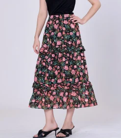 Hot Midi-rok met bloemenprint en gelaagde ruches DAMES Rokken