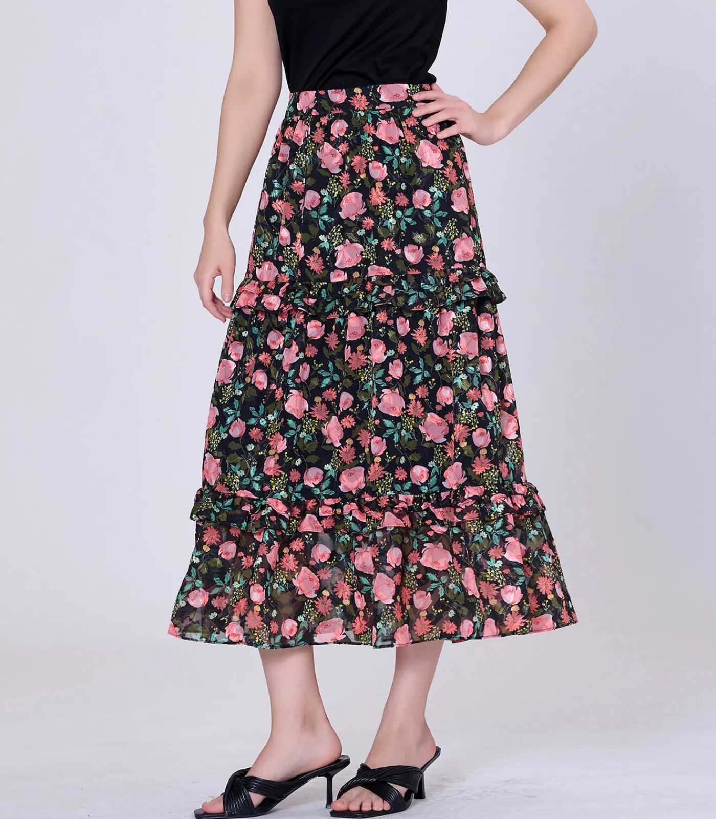 Hot Midi-rok met bloemenprint en gelaagde ruches DAMES Rokken