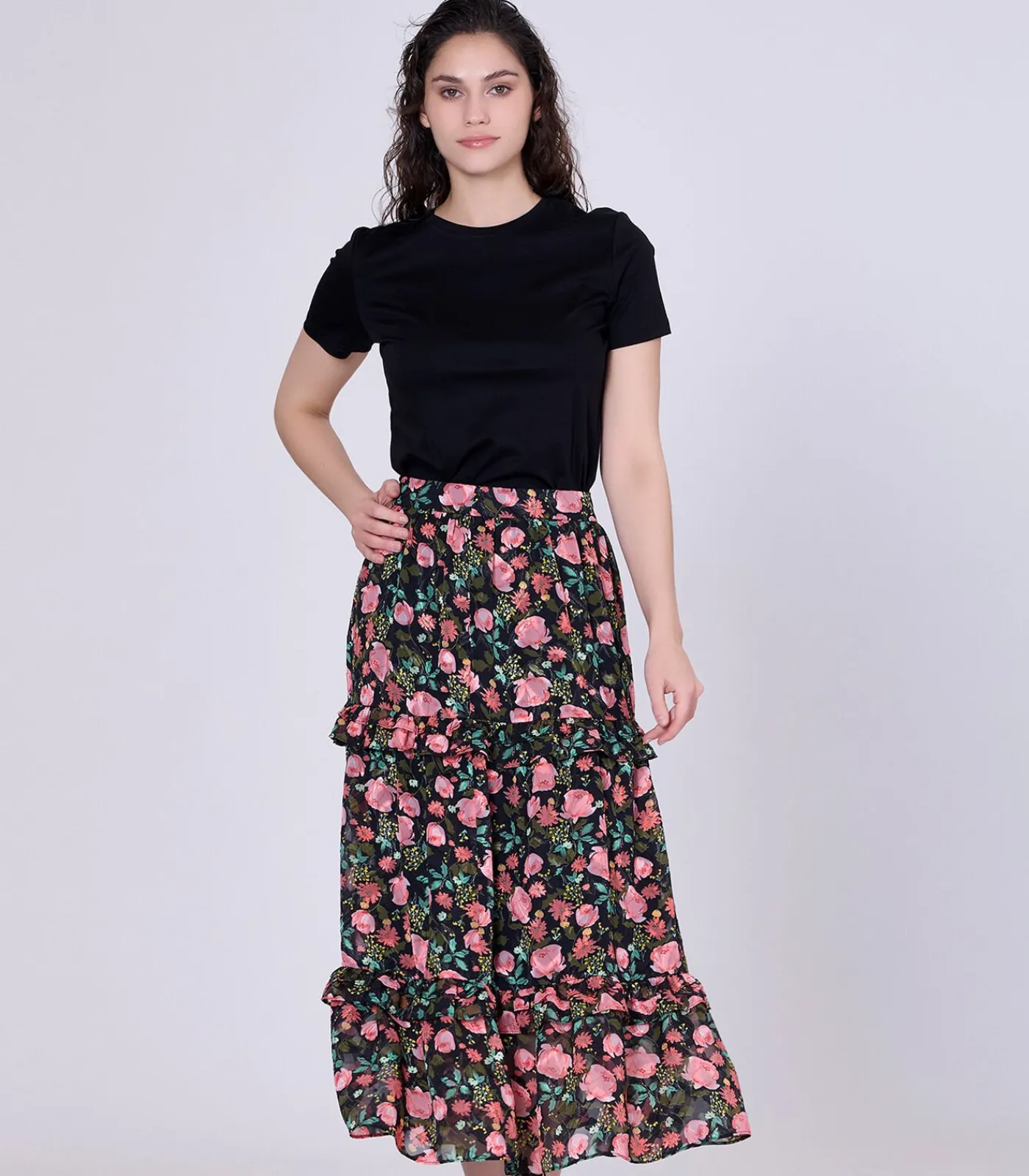 Hot Midi-rok met bloemenprint en gelaagde ruches DAMES Rokken
