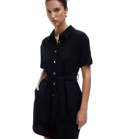 Outlet Mini-jurk Polo Kraag Korte Mouwen Zwarte Knoopsluiting DAMES Jurken