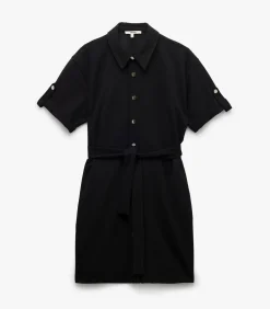 Outlet Mini-jurk Polo Kraag Korte Mouwen Zwarte Knoopsluiting DAMES Jurken