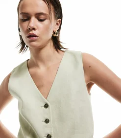 Mouwloze Linnen Blazer Yelek met Knoopsluiting DAMES Sportkledij