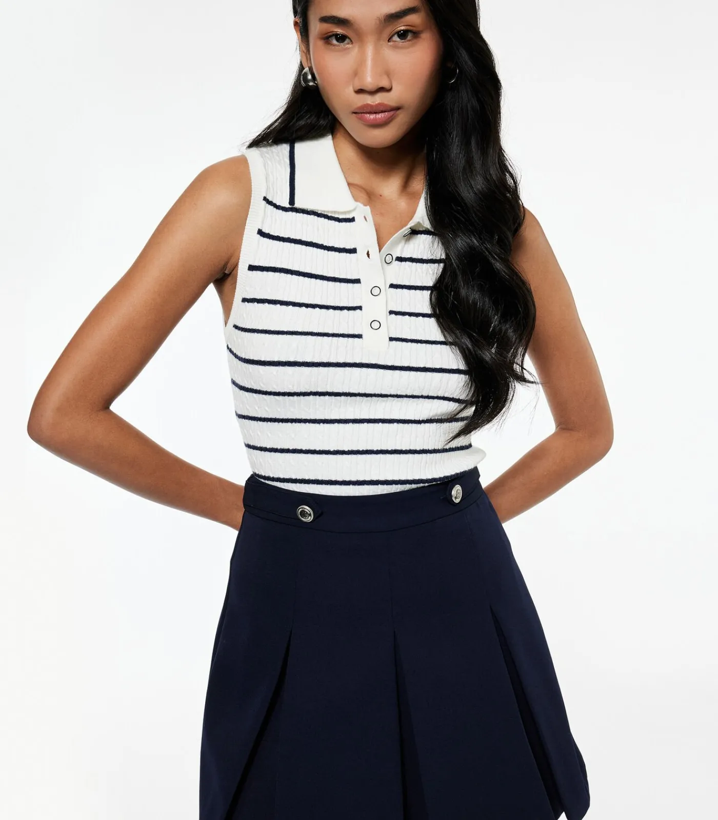 DAMES Koton Mouwloze Polo Trui met Strepen en Knoopsluiting