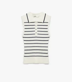 DAMES Koton Mouwloze Polo Trui met Strepen en Knoopsluiting