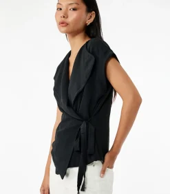 DAMES Koton Mouwloze Zwarte Wikkelblouse met Ceintuur