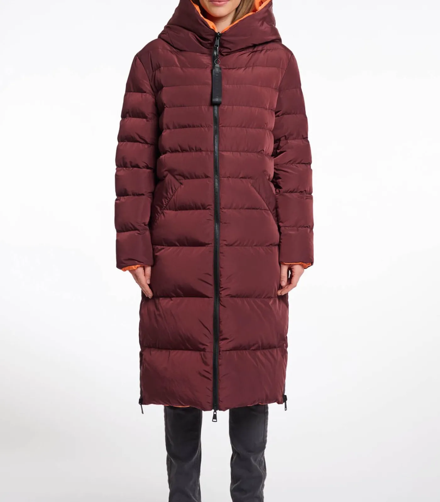 DAMES Rino&Pelle Omkeerbare lange jas met capuchon Chocoladeboon en oranje 34