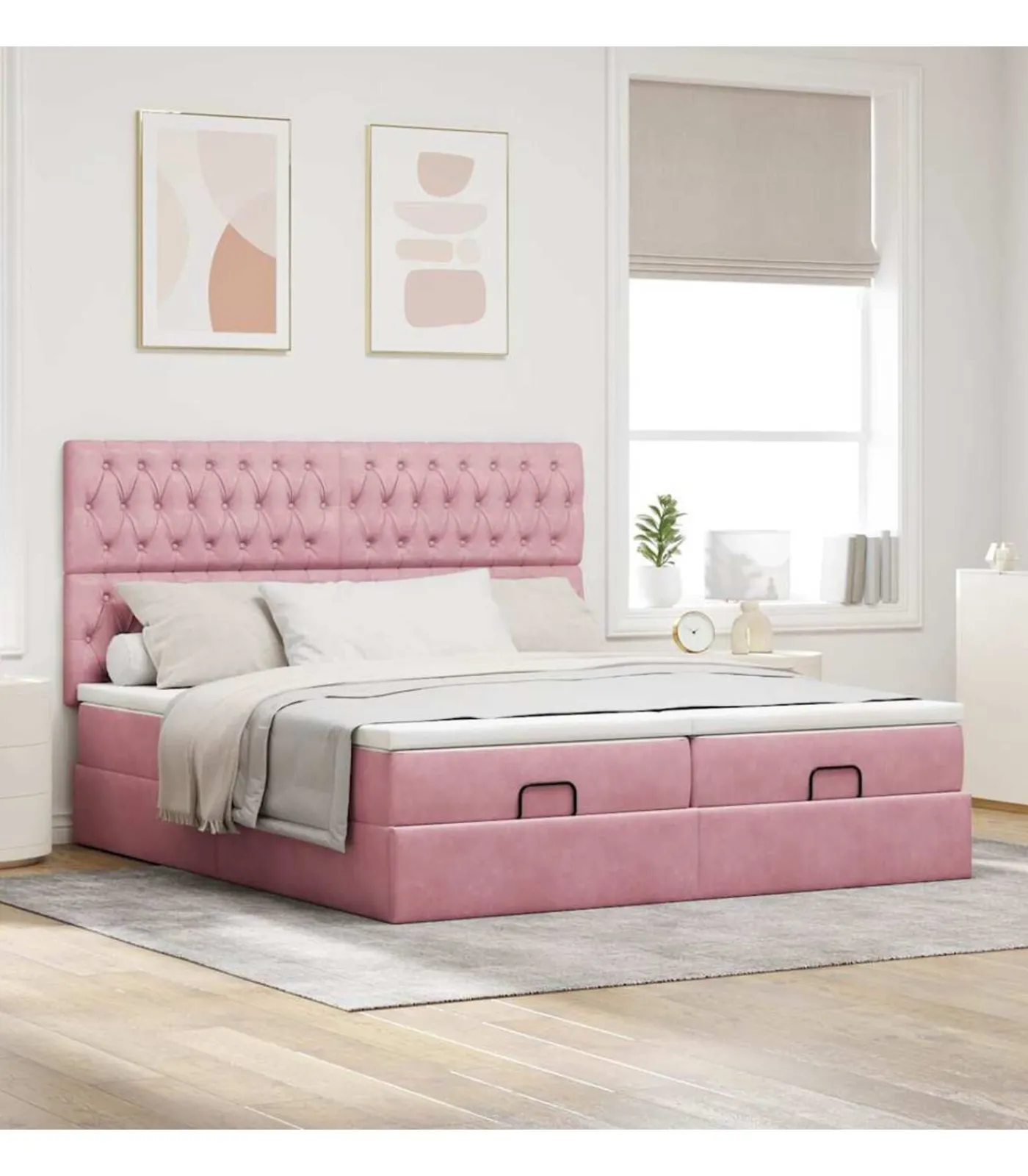 Discount Ottoman bed met matrassen en LED's 200x200cm fluweel roze Bedden