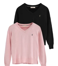 DAMES Polo Club Pack van twee damestruien van wolmix in zwart en gemêleerd roze met V-hals en geborduurd Rigby Go-logo