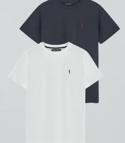 Heren Polo Club Pack van twee T-shirts voor heren in marineblauw en wit met ronde hals met geborduurd Rigby Go-logo