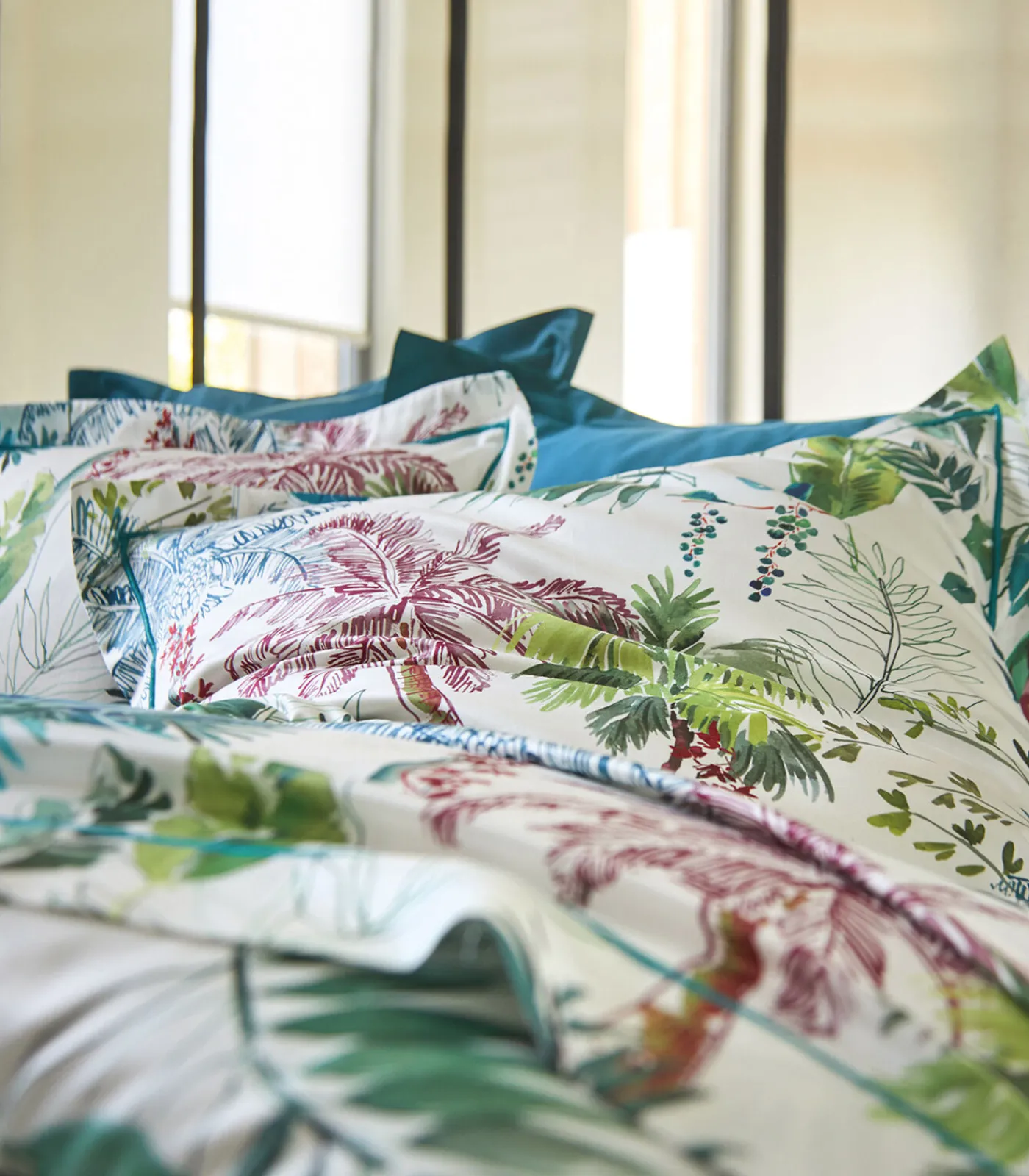 Blanc des Vosges PALMERAIE Bleu paon - Laken Satijn katoen