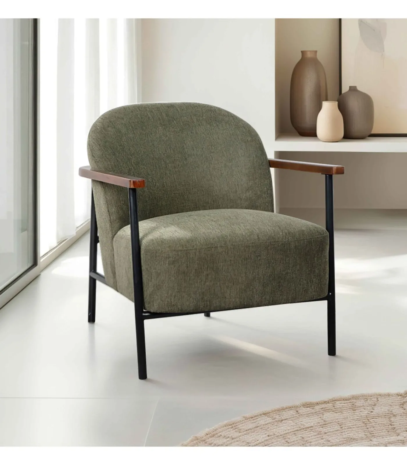 Hot Relaxfauteuil in staal, hout en donkergroene stof Zetels