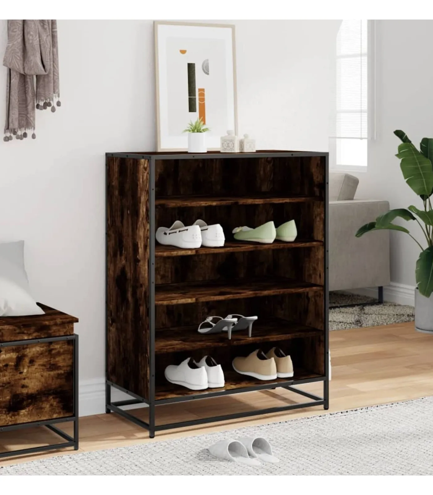 vidaXL Schoenenkast 75x38x97,5 cm bewerkt hout en metaal gerookt eiken