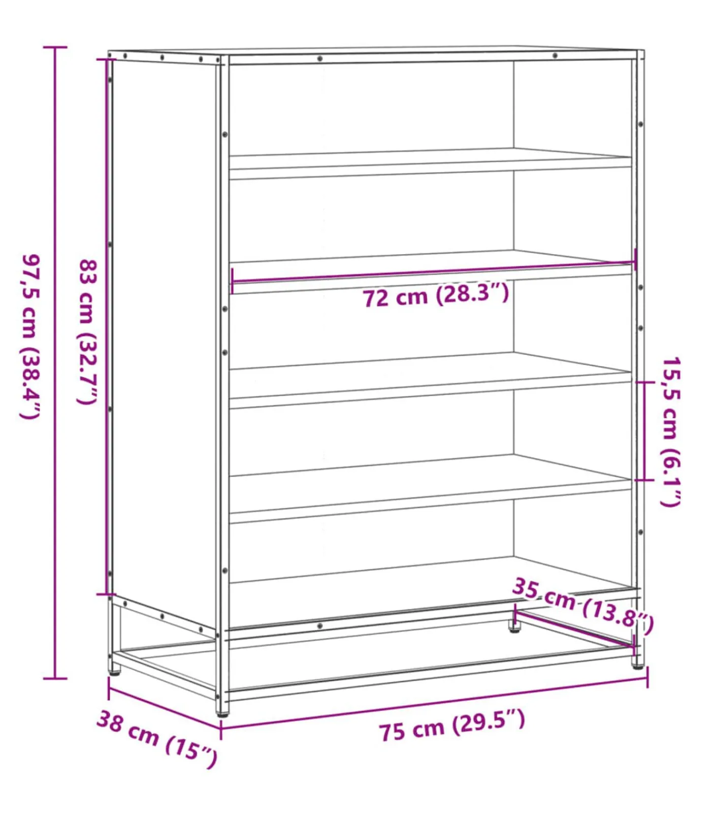 vidaXL Schoenenkast 75x38x97,5 cm bewerkt hout en metaal gerookt eiken