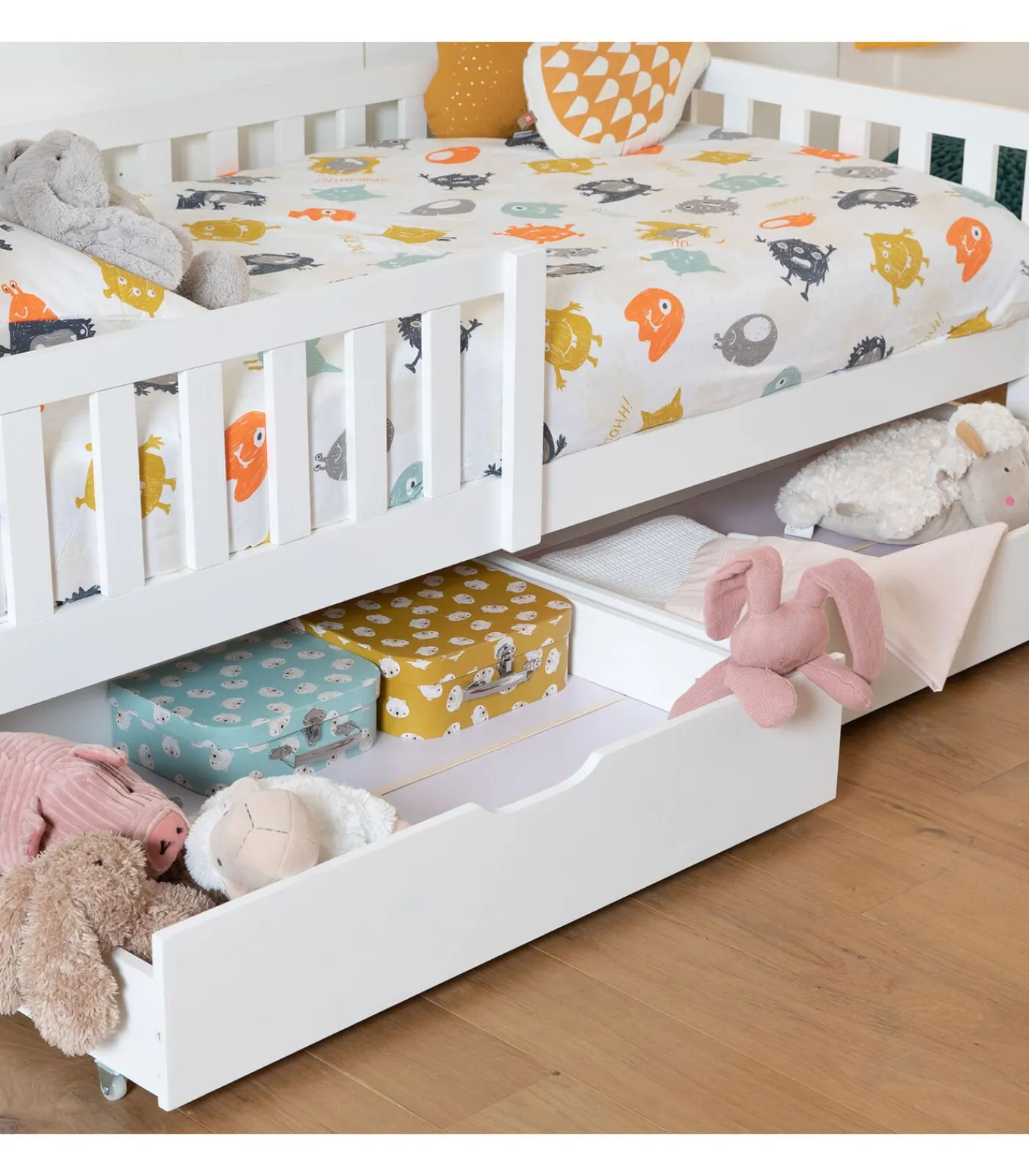 Kinderen HAPPY GARDEN Set van 2 witte opberglades voor bed