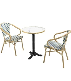 Oviala Set van wit marmeren terrastafel en 2 blauwe stoelen