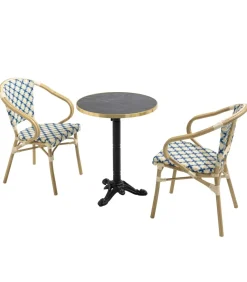 Oviala Set van zwart marmeren terrastafel en 2 blauwe stoelen