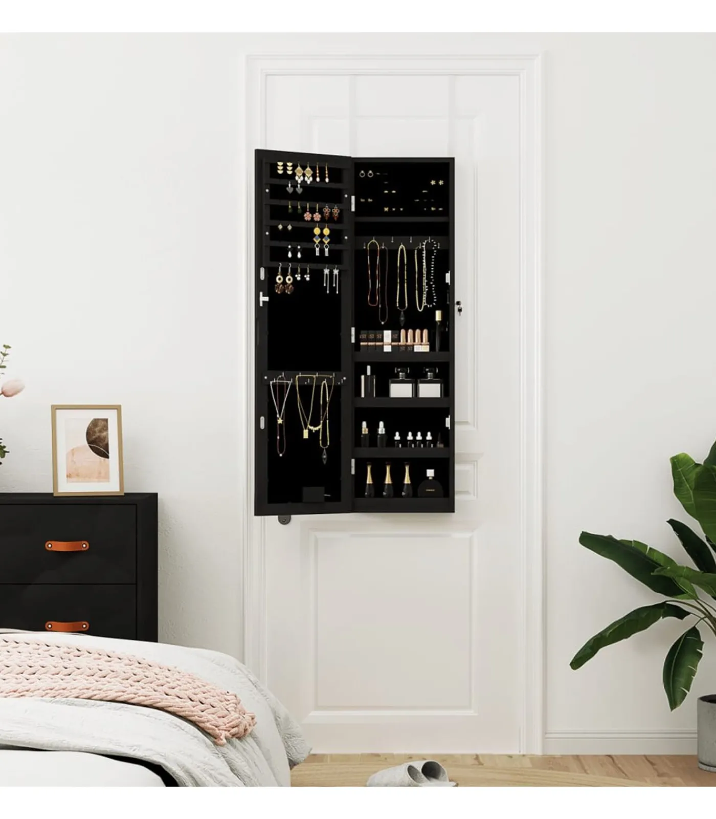 Sale Sieradenkast met spiegel en LED wandgemonteerd zwart Spiegels