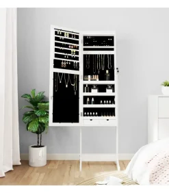 Sieradenkast met spiegel met LED-verlichting vrijstaand wit Spiegels