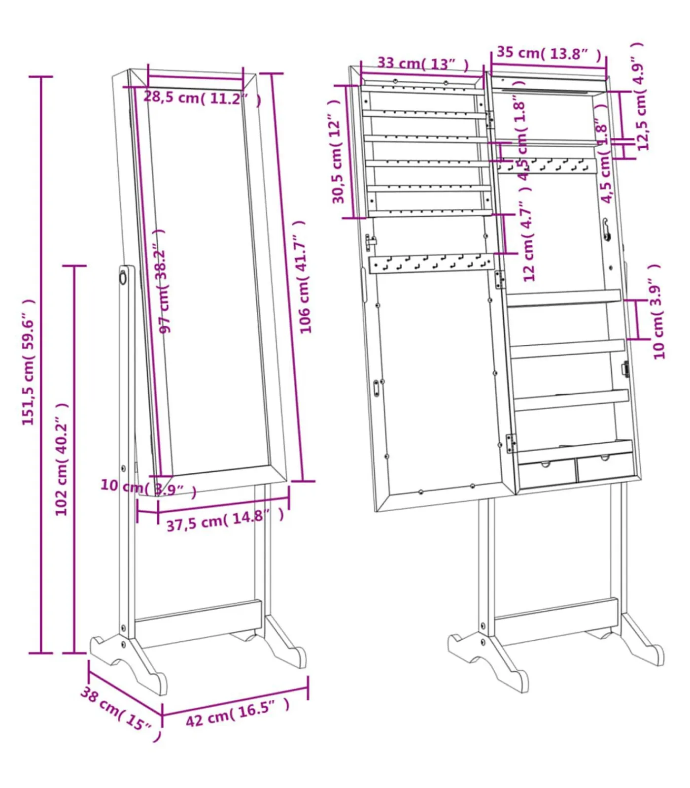 Sieradenkast met spiegel met LED-verlichting vrijstaand wit Spiegels