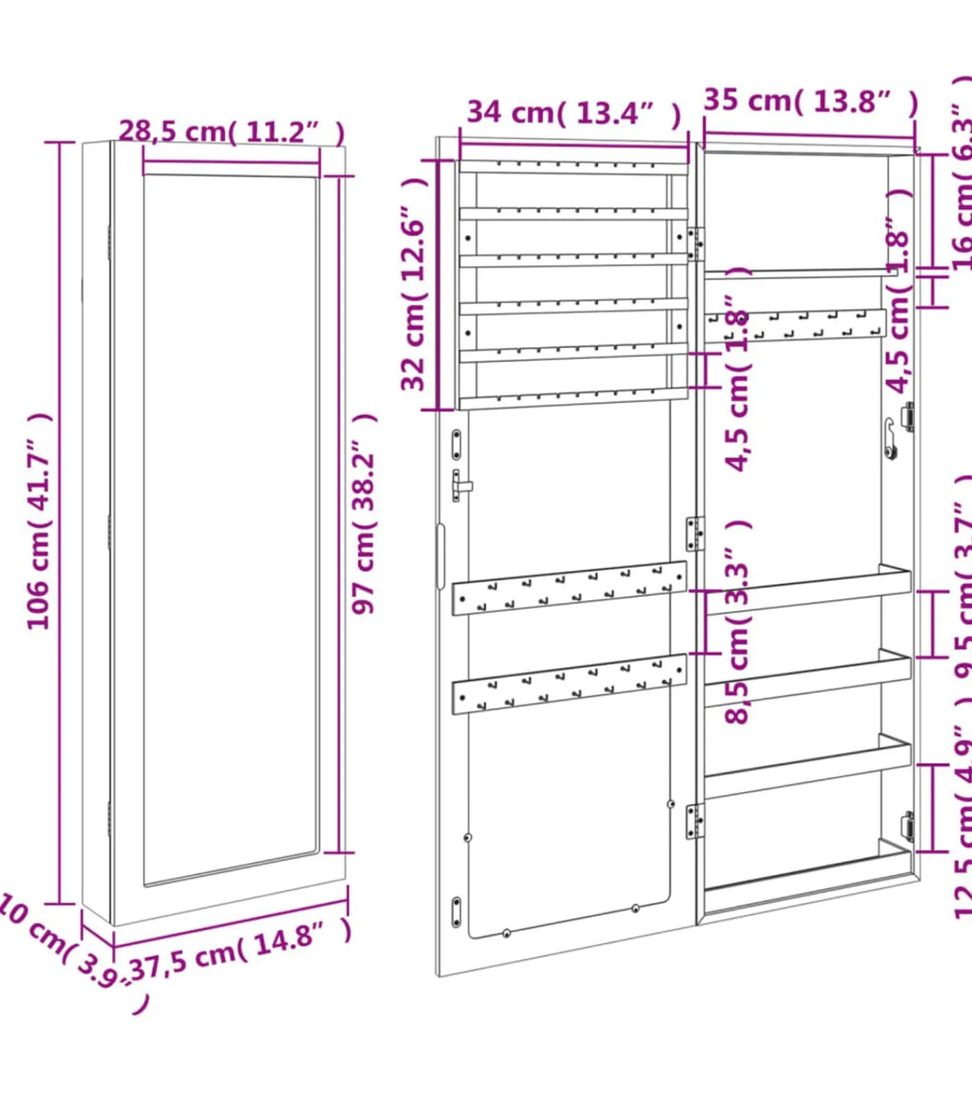 Discount Sieradenkast met spiegel wandgemonteerd 37,5x10x106 cm Spiegels