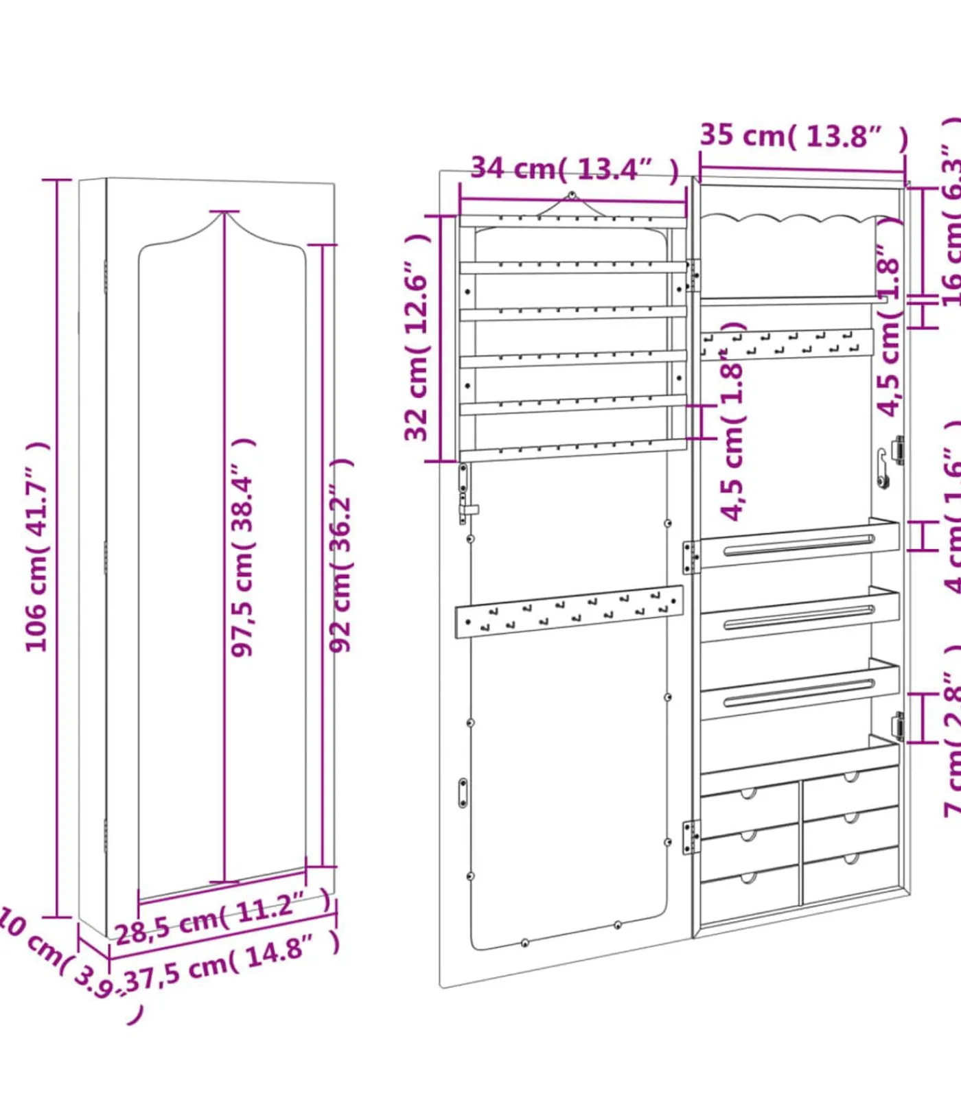 Clearance Sieradenkast met spiegel wandgemonteerd 37,5x10x106 cm Spiegels