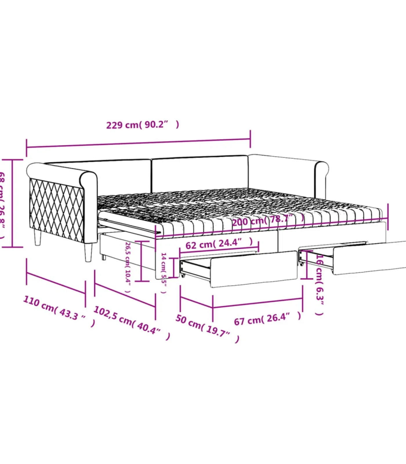 New Slaapbank met onderschuifbed en lades 100x200 cm fluweel zwart Bedden