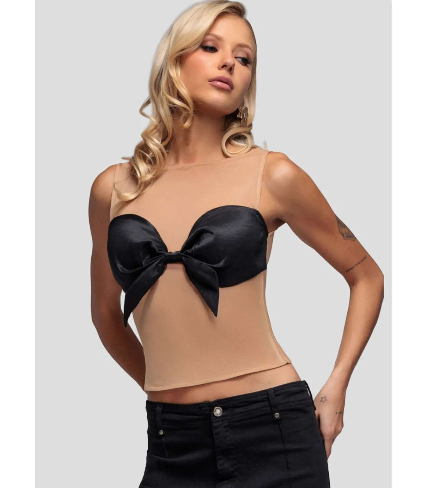Discount Tanktop “Nude Mesh Sleeveless Taffeta Bow Top” DAMES T-Shirts & Tops