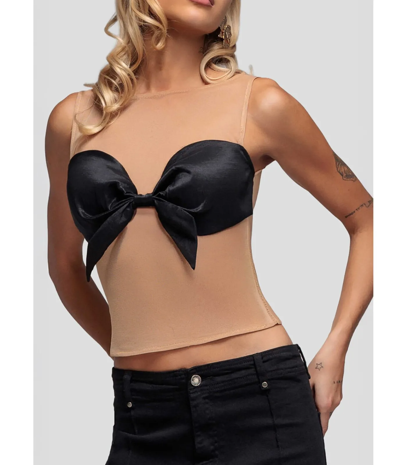 Discount Tanktop “Nude Mesh Sleeveless Taffeta Bow Top” DAMES T-Shirts & Tops