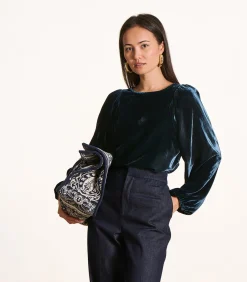 DAMES La Fée Maraboutée Top van petrolblauwe fluweel met lange mouwen