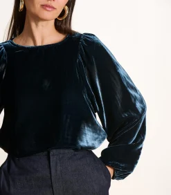 DAMES La Fée Maraboutée Top van petrolblauwe fluweel met lange mouwen