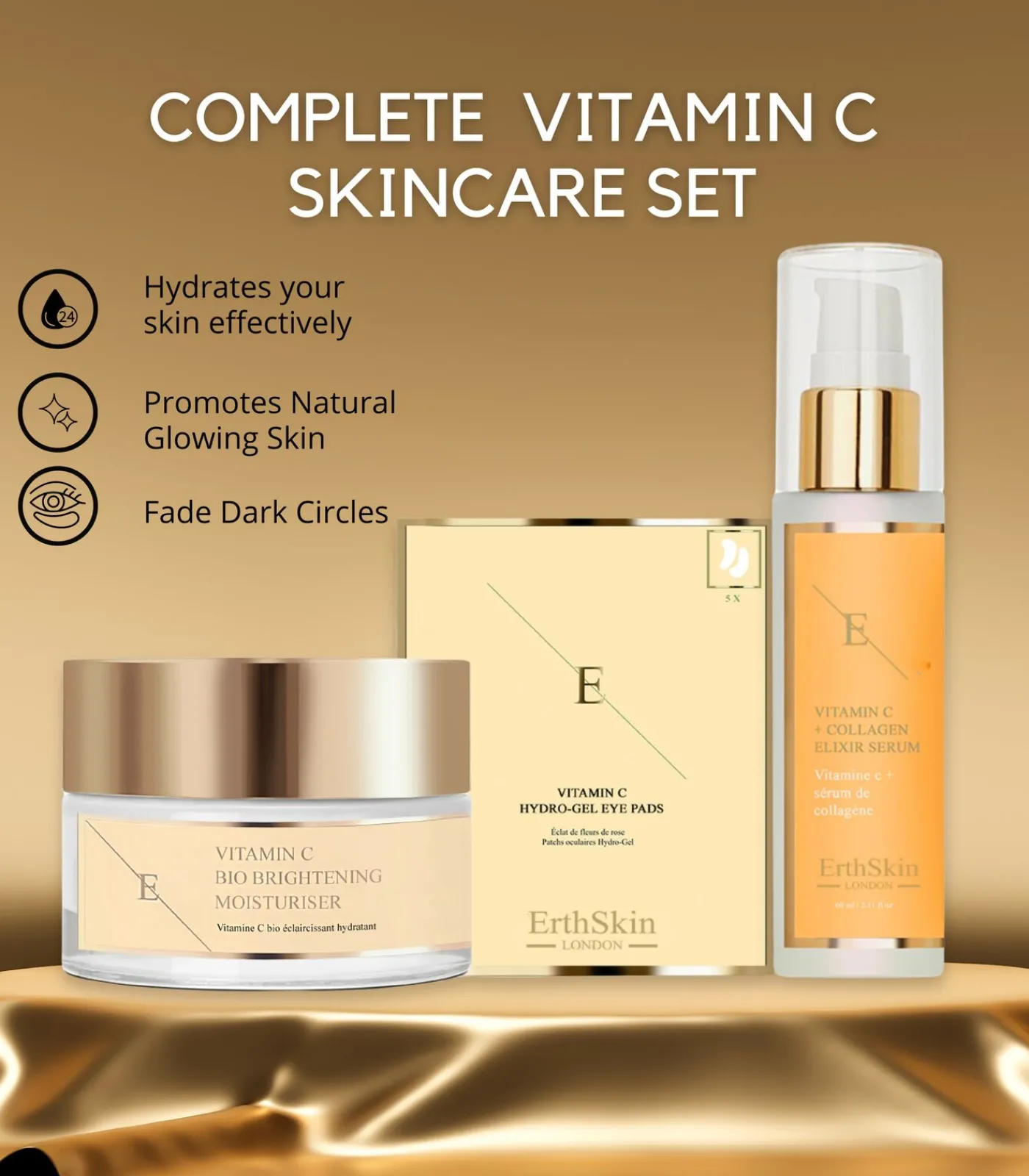 Erth Skin London VITAMINE C ELIXIR SERUM + Vitamine C Bio Brightening Moisturizer + Oogkussentjes