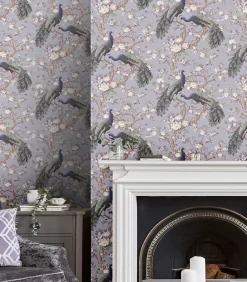 Laura Ashley Vliesbehang Belvedere | Paars | Pauwen |