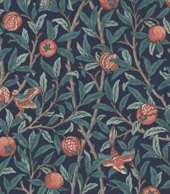 Vliesbehang Bird & Pomegranate Navy Blue Wanddecoratie