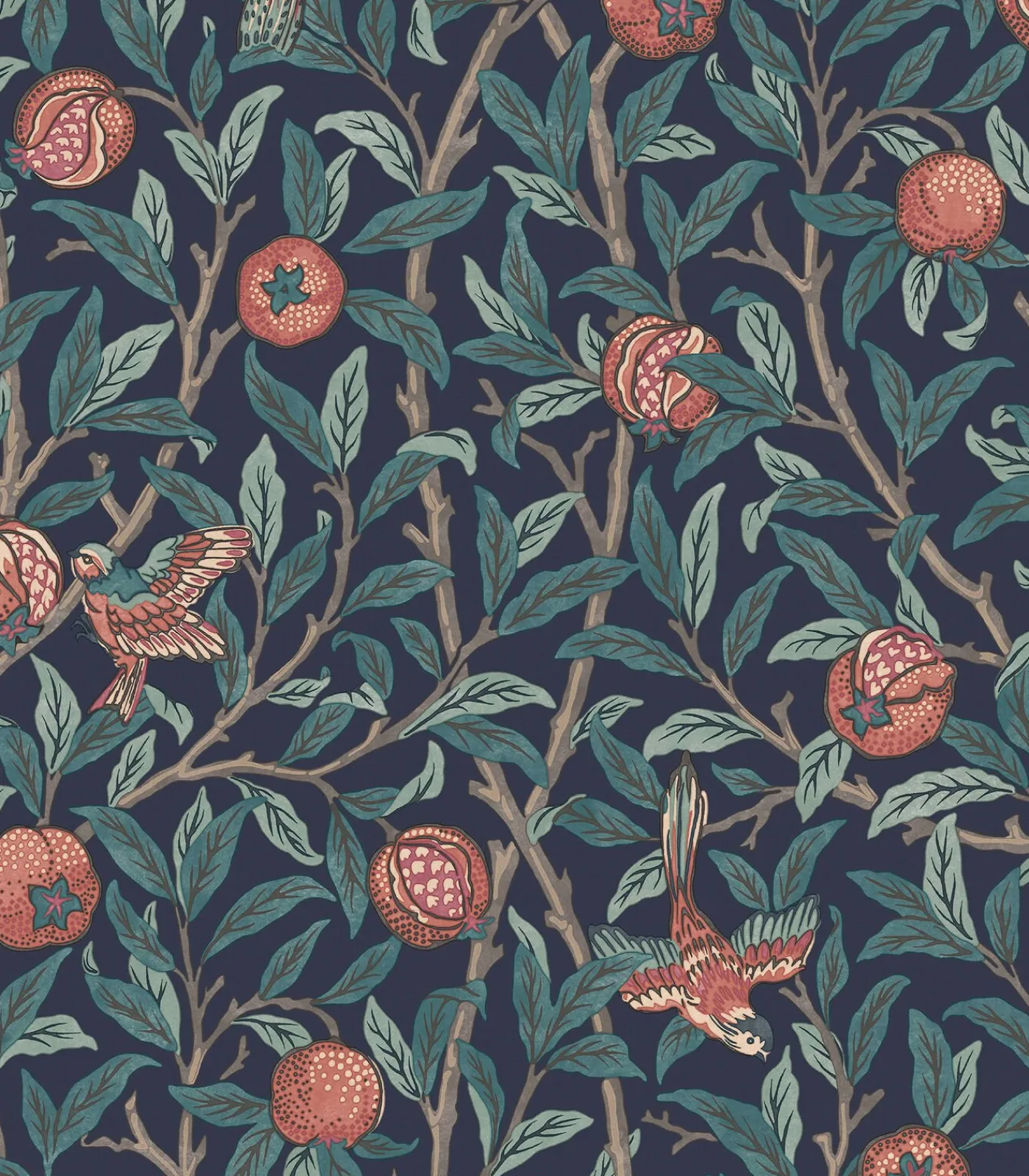 Vliesbehang Bird & Pomegranate Navy Blue Wanddecoratie